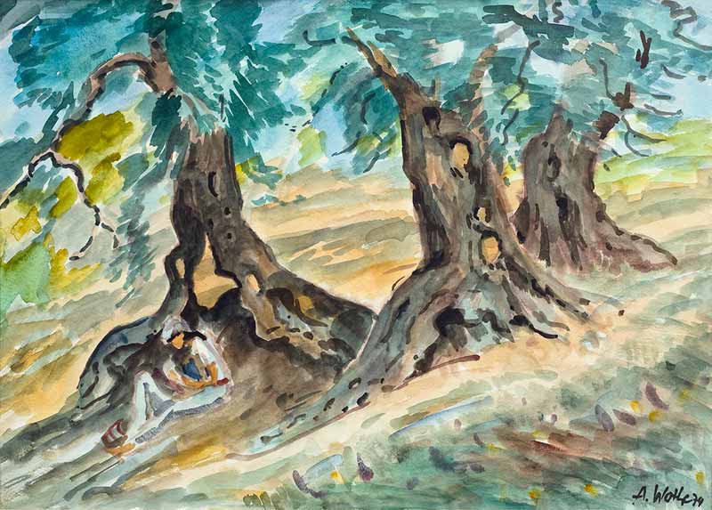 Mädchen unter Olivenbaum, Aquarell 1974, von Arno Wothe, genannt Arno die Monaco