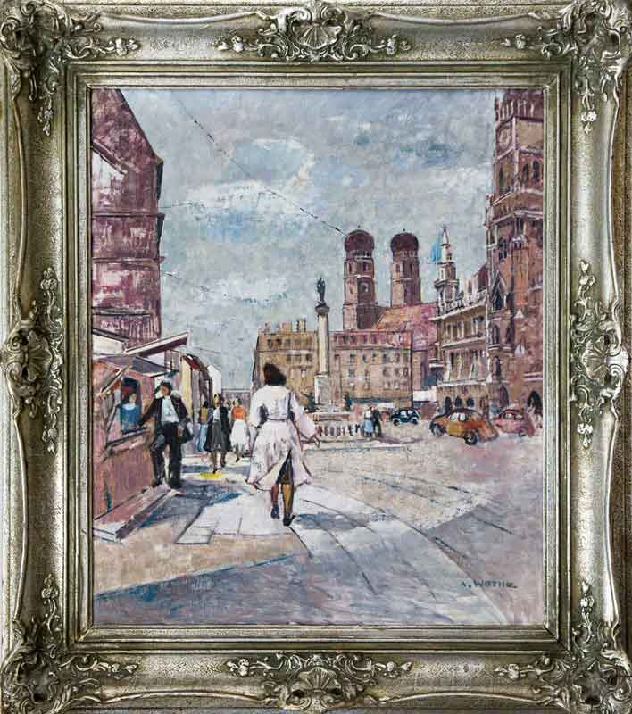 Marienplatz München 1949, Öl auf Leinwand 1949, von Arno Wothe genannt Arno di Monaco